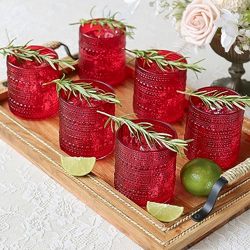 Retro Arch Floral Red Drinking Glasses Set of 6 (Beaded 10 oz. / Red)