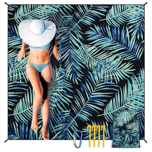 Waterproof Sandproof Beach Blanket Mat for 1 (79" X 83"（1~3 person） / Leaves - Black Base With Green Foliage)