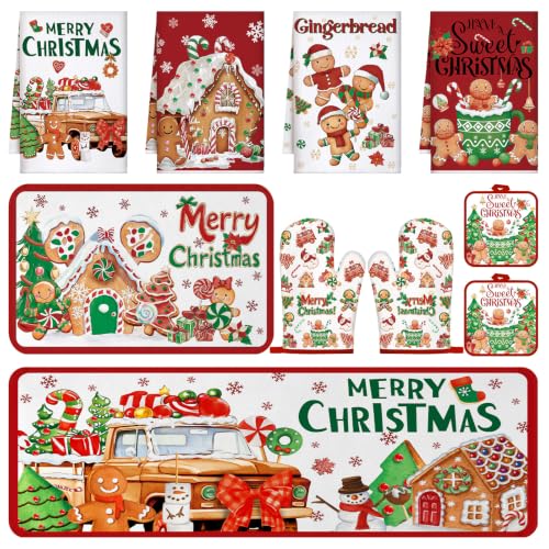 10 Pcs Christmas Gingerbread Man Kitchen Decor and Accessories Set Kitchen Towels Pot Holders Oven Mitts and Rugs for Baking Cooking BBQ Mom Housewarming Gifts (White,green,red / Cute Gingerbread Man)