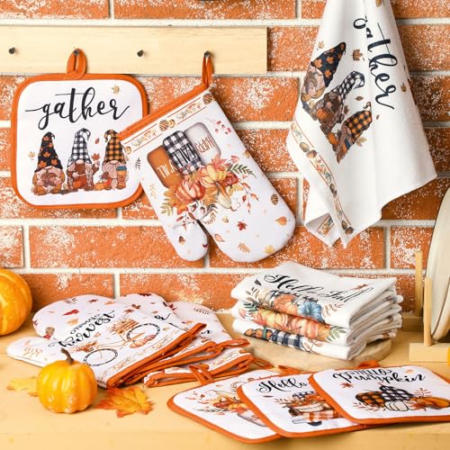 12 Pcs Fall Pumpkin Kitchen Towels Oven Mitts Pot Holders Set (Fall Pumpkin)