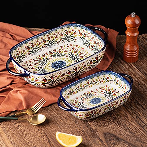 Baking Dish Ceramic Baking Pan Blue Casserole Dish Rectangular Baking Set 2pcs Bakeware Sets Single Serving Size Lasagna Pan Baking Dishes for oven (The tulip)
