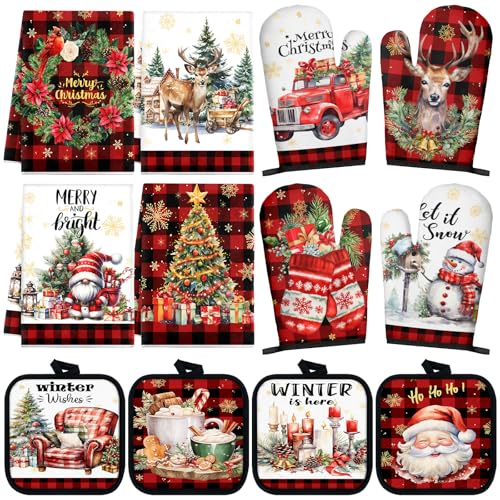 12 Pcs Christmas Kitchen Accessories Set Red Black Check Style (Red and Black Stripes)