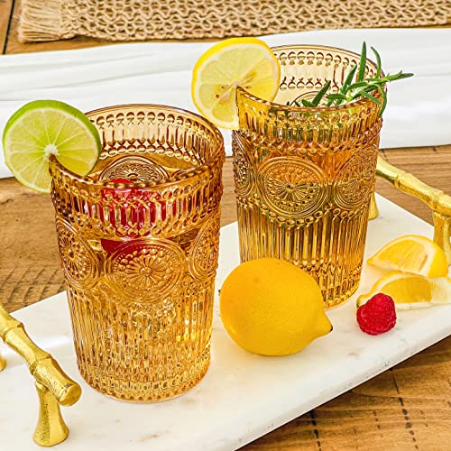 Vintage Textured Amber Striped Drinking Glasses Set of 6 (Amber / 13 Ounces)