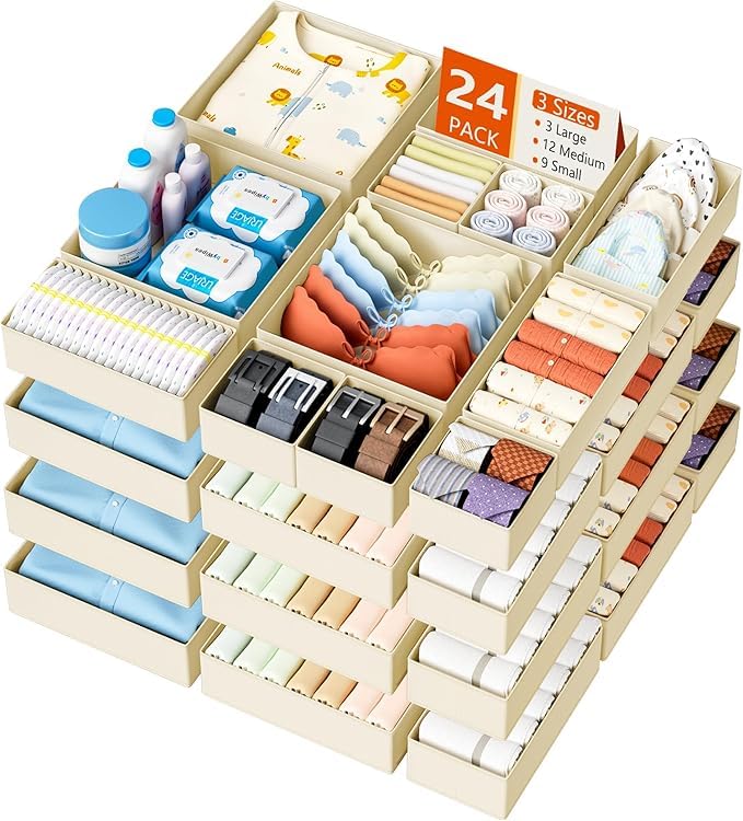 Drawer Organizer Clothes Storage (Beige / 24 Pack)