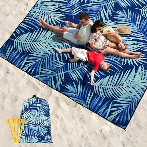 Beach Blanket Mat Waterproof Sandproof for 2 (Leaves Blue / 79" X 83"（1-4person）)