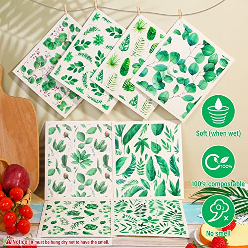 8 Pack Swedish Dish Cloths Washable (8 Pack-green Plants)