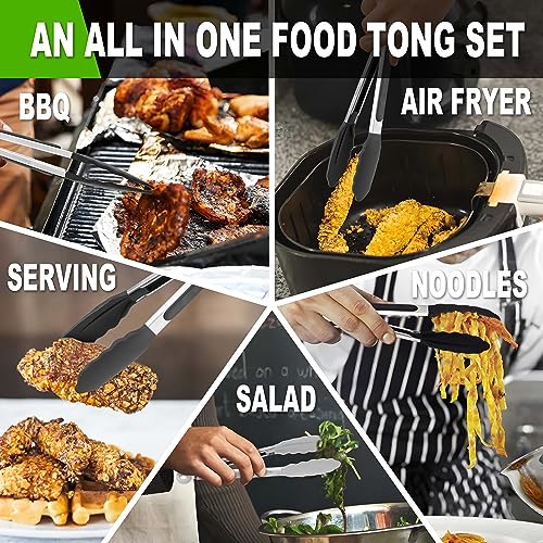 Non Stick Silicone Locking Tong Set of 3 (7+9+12 Inch / 3 Pcs Silicone - Grey, Black, White)