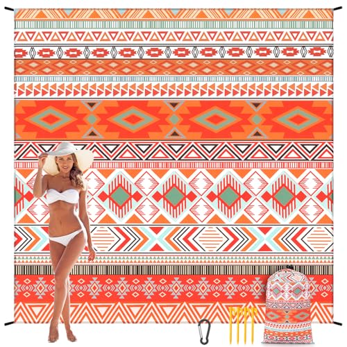 Beach Blanket Mat Waterproof Sandproof for 2 (Bohemian Orange / 79" X 83"（1-4person）)
