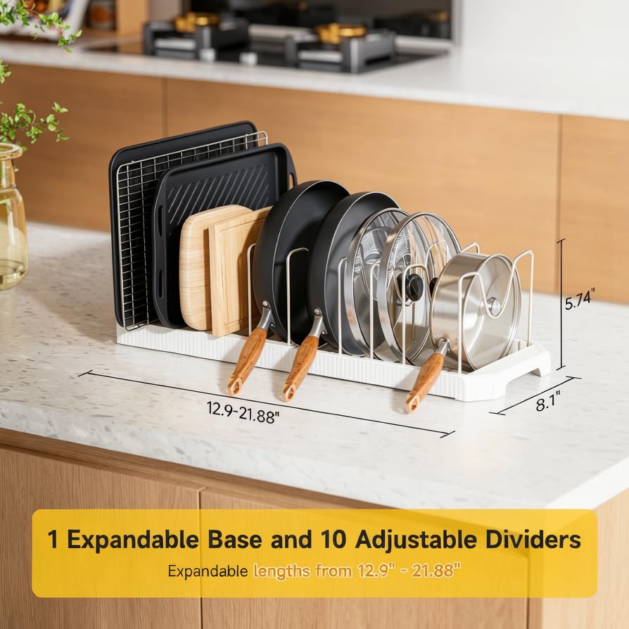 Pots and Pans Organizer under Cabinet (White / 10 Adjustable Dividers)