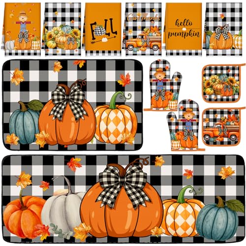 10 Pcs Fall Kitchen Decor Checkered Pumpkin Kitchen Accessory Set (Orange,black / Orange Pumpkin)