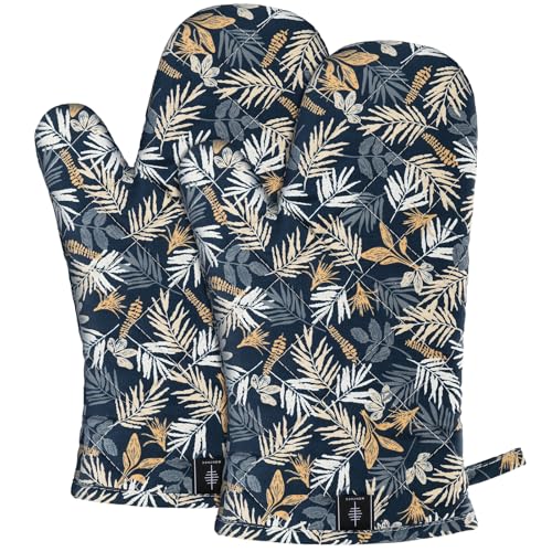 Oven Mitt Extra Long Cotton Cooking Kitchen Mitts with Non (Blue Leaves - Oven Gloves)
