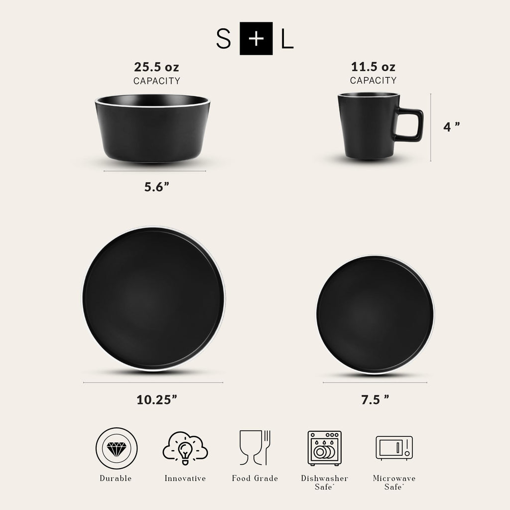 Allison Stoneware Dish Set (Dinnerware Set / Service For 8 / Black Matte, White Rim)