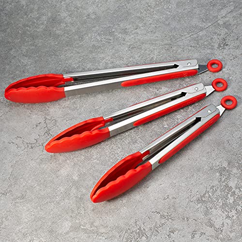 3 Pack Silicone Kitchen Tongs (Red)