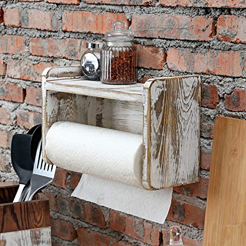 Farmhouse Paper Towel Holder Rack with Top Shelf (Whitewashed)