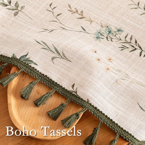 Linen Boho Floral Curtains 84 inches Long 2 Panels with Green Tassels Leaf Patterned Spring Vintage Cottage Core Light Filtering Semi Sheer Curtains for Living Room Bedroom (Green / 50"W x 84"L (Pack of 2))