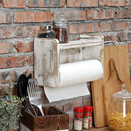 Farmhouse Paper Towel Holder Rack with Top Shelf (Whitewashed)