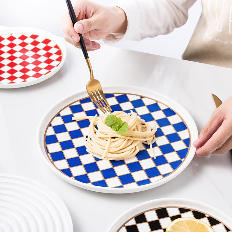 Ceramic Checkered Serving Plate with Gold Accent (Blue)