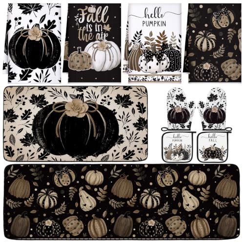 10 Pcs Fall Pumpkin Kitchen Decor Set Kitchen Towels Pot Holders Oven Mitts and Rugs Set Thanksgiving Towels for Baking Cooking BBQ Autumn Home (Black, White, Brown / Black Pumpkin)