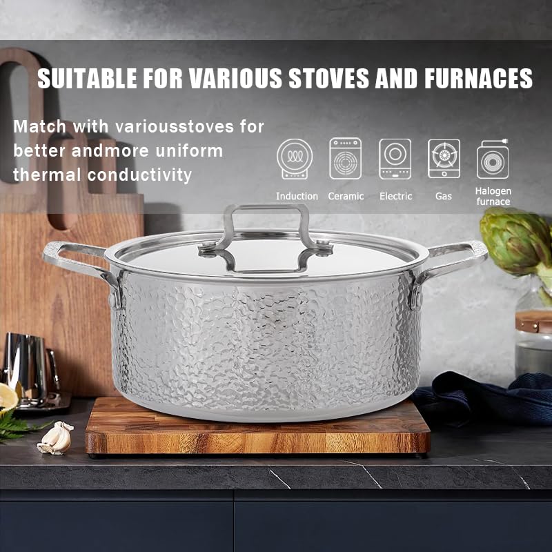Tri Ply Stainless Steel Stockpot Deep Cooking Pot with Hammered Exterior Compatible with All Stovetops Even Heat Distribution Durable Cookware for Soups Stews and More 4 QT (4 Quarts)