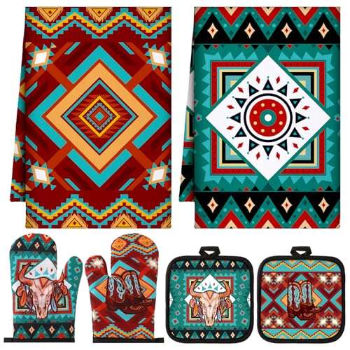 6 Pcs Kitchen Decor Set Accessorie Farmhouse Kitchen Towels Pot Holders Oven Mitts Set 2 Dish Towels 2 Pot Holders 2 Cooking Mittens Oven Glove for Cooking (Retro Color / Western Boho Aztec))