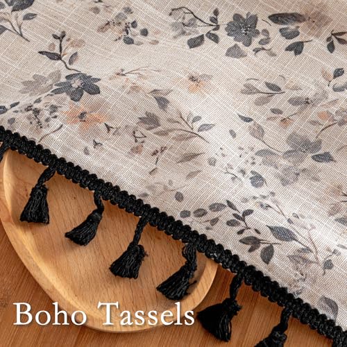 Farmhouse Floral Boho Linen Blend Curtains with Black Tassels 63 Inch Length 2 Panels Semi Sheer Light Filtering French Cottage Bedroom Drapes Back Tab (Black / 50"W x 63"L (Pack of 2))