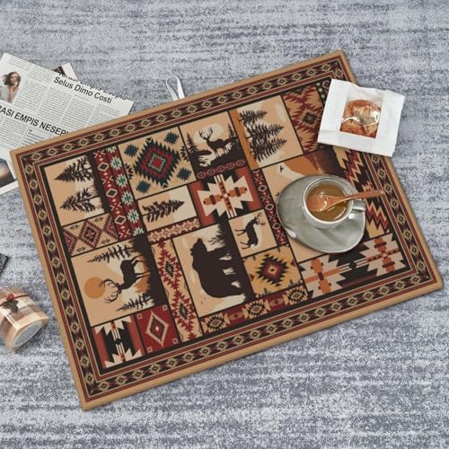Western Wildlife Geometric Dish Drying Mat for Kitchen Counter (Brown-Wildlife / 18" x 24")