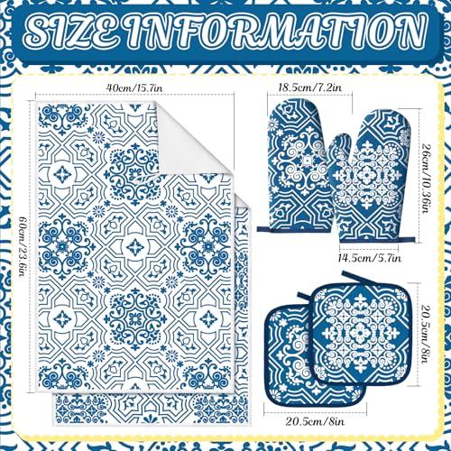 6 Pcs Kitchen Decor Set Accessory Farmhouse Kitchen Towels Pot Holders Oven Mitts Set 2 Dish Towels 2 Pot Holders 2 Cooking Mittens Oven Glove for Cooking (Blue,white / Chinoiserie Printed)