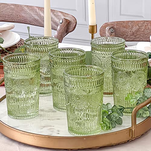 Vintage Ribbed Green Drinking Glasses Set of 6 (Sage Green / 13 Ounces)