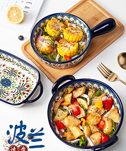 Vintage Style Tulip Flower Pattern Ceramic Bakeware Casserole Dish Baking Pan Lasagna Pans Baking Dish with Handles for Oven (Tulip / 32 OZ)