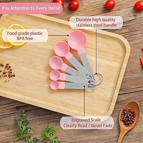Measuring Cups and Spoons Set of Huygens Kitchen Gadgets 10 Pieces (Pink)