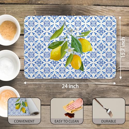 Blue and White Floral Lemon Dish Drying Mat