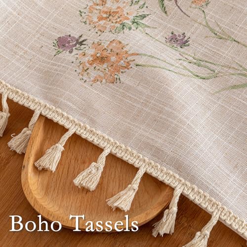 Floral Boho Semi Sheer Linen Blend Farmhouse Curtains 63 Inches Long 2 Panels Set Spring Flower Printed Drapes with Tassels Back Tab Rod Pocket for Living Room Bedroom (Flower / 50"W x 63"L (Pack of 2))