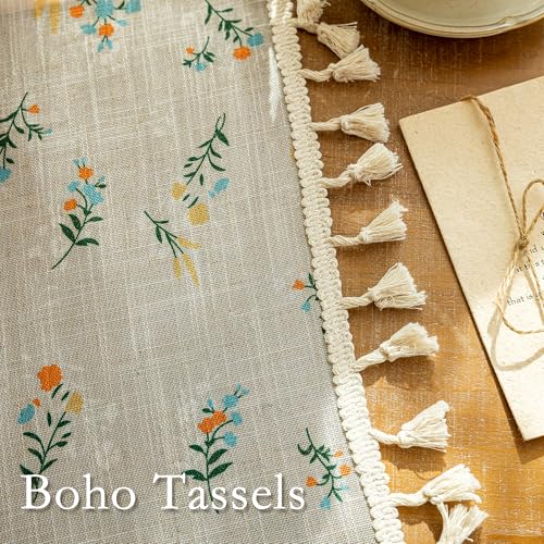 Boho Floral Linen Curtains 63 Inch Length 2 Panels Farmhouse Bohemian Spring Patterned Semi Sheer Drapes with Tassels Back Tab for Living Room Bedroom (Blue and Orange / 50"W x 63"L (Pack of 2))