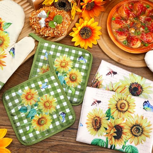 6 Retro Sunflower Kitchen Towels Oven Mitts and Pot Holders Sets (Yellow / Novelty Sunflower)