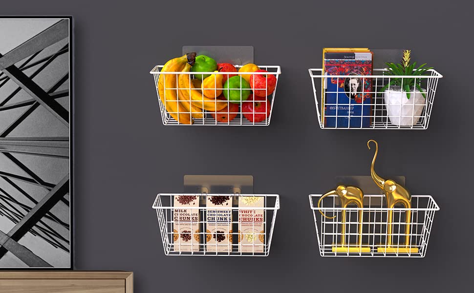 Wall Wire Baskets Adhesive Basket Hanging Kitchen Baskets No Drilling for Cabinet & Pantry Organization and Kitchen (WHITE / 4 PACK)