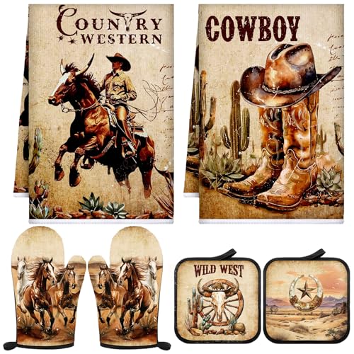 6 Western Kitchen Towels Oven Mitts and Pot Holders Sets (Brown / Western)