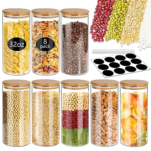 32 oz Glass Jars with Bamboo Lids 8 pcs Glass Food Storage Containers with Airtight Bamboo Lids (8 Model (32OZ 8Pack))