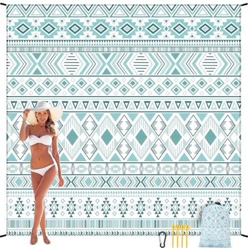Waterproof Sandproof Beach Blanket Mat for 1 (79" X 83"（1~3 person） / Bohemian Green)