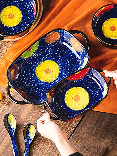 Vintage Style Pottery Bakeware Colorful Daisy Pattern Ceramic Casserole Dish Baking Pan Lasagna Pans Baking Dish with Handles from Oven to Table Plate (ColorfulDaisy / 60 OZ)