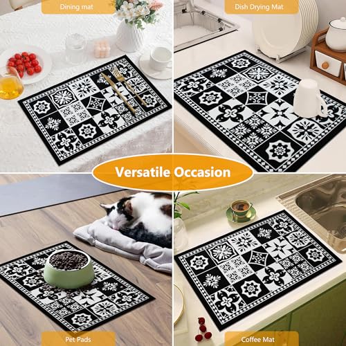 Coffee Bar Mat Hide Stain Rubber Backed Absorbent Drying Mat Modern Kitchen Drying Mat Easy Clean (Retro Black / 19" x 12")