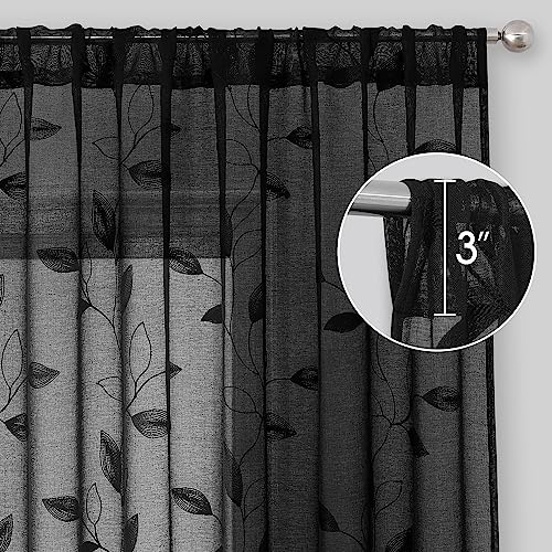 Black Sheer Curtains Leaf Embroidered (52"W x 84"L (Pack of 2) / Black)
