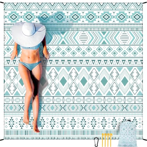 Beach Blanket Mat Waterproof Sandproof for 2 (Boho Style Green / 79" X 83"（1-4person）)