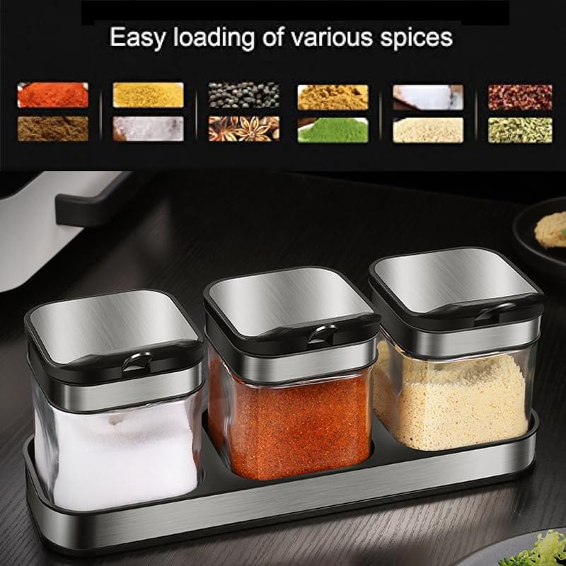 Condiment Jar Spice Container with 304 Stainless Steel Lids and Spoons (3-flavor set)