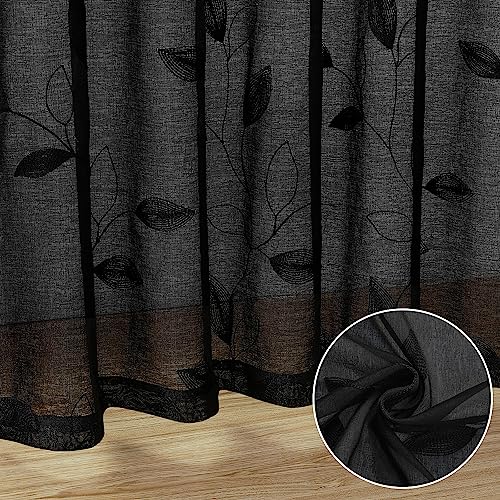 Black Sheer Curtains Leaf Embroidered (52"W x 84"L (Pack of 2) / Black)