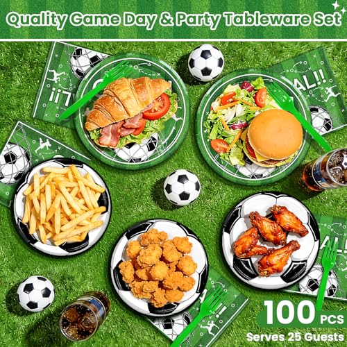 100 Pcs Soccer Paper Plates and Napkins Disposable for Party (Green Soccer 100 Plate Set / 7 & 9-inch Set)