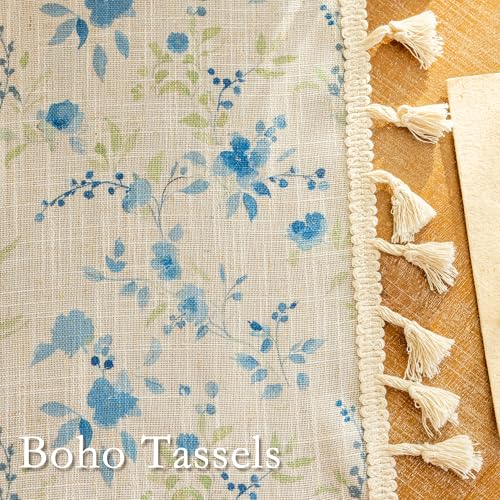 Floral Boho Linen Curtains 96 Inches Length 2 Panels Set Blue Flower Patterned Semi Sheer Spring Vintage Farmhouse Window Curtains with Tassel Beige Back Tab Dining Room (Blue and Green / 50"W x 96"L (Pack of 2))