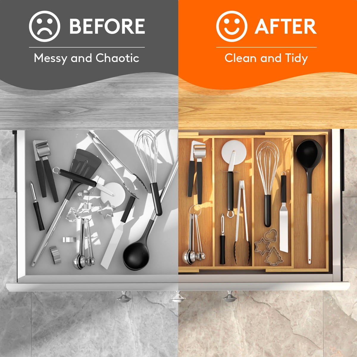 Bamboo Utensil Organizer for Kitchen Drawer (Natural / 12.6~22.8''W x 14'' D)
