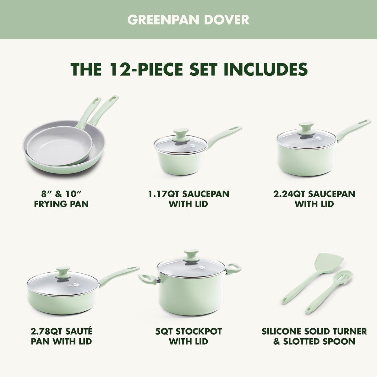 Dover Healthy Ceramic Nonstick (12 Piece Cookware Set / Pastel Green)
