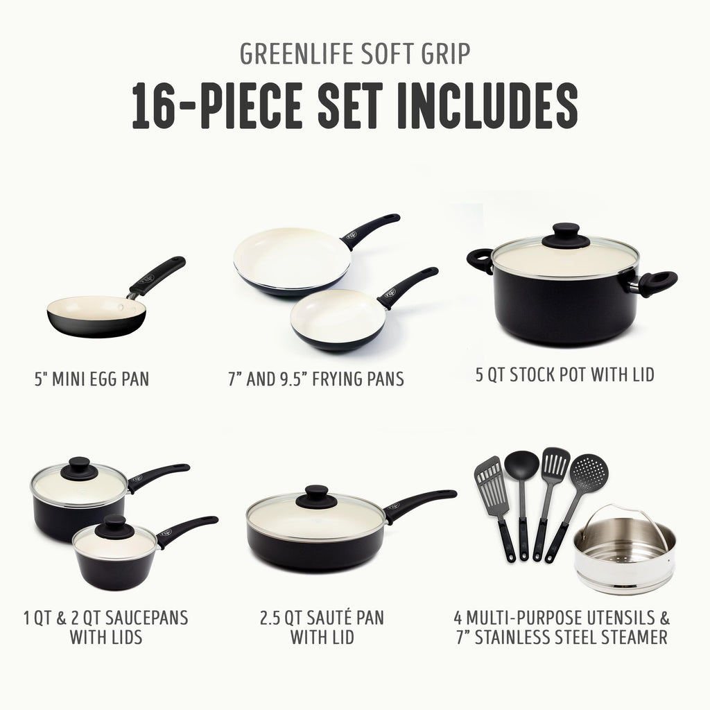 16 Piece Ceramic Nonstick Pots & Pans Cookware Set (16 Piece Cookware Set / Soft Grip / Graphite Black)