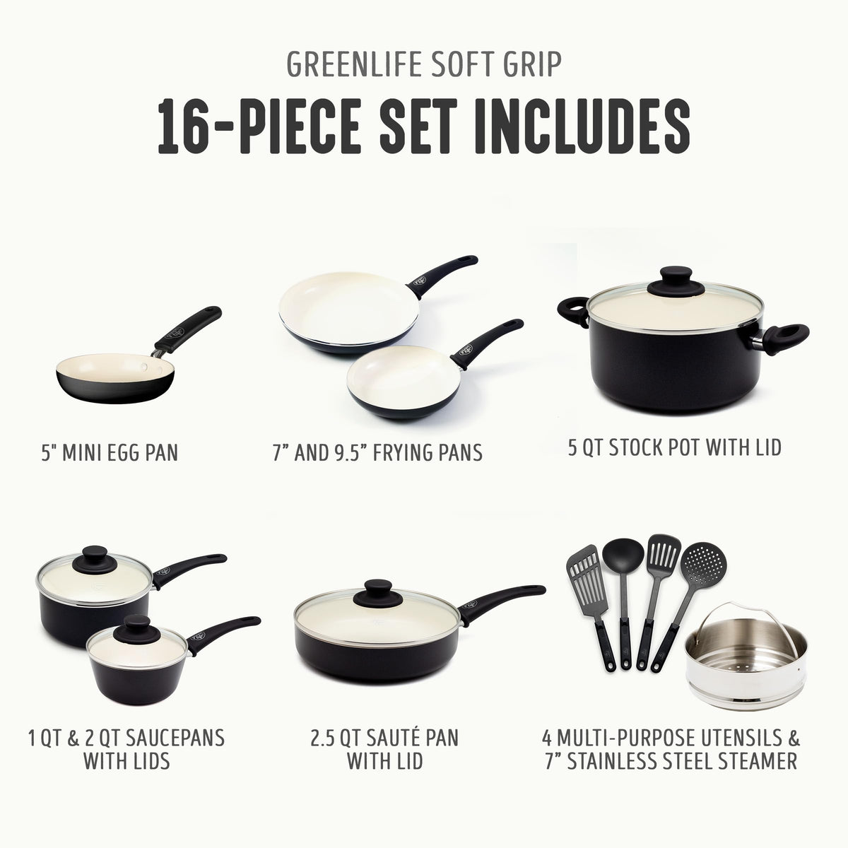 16 Piece Ceramic Nonstick Pots & Pans Cookware Set (16 Piece Cookware Set / Soft Grip / Graphite Black)